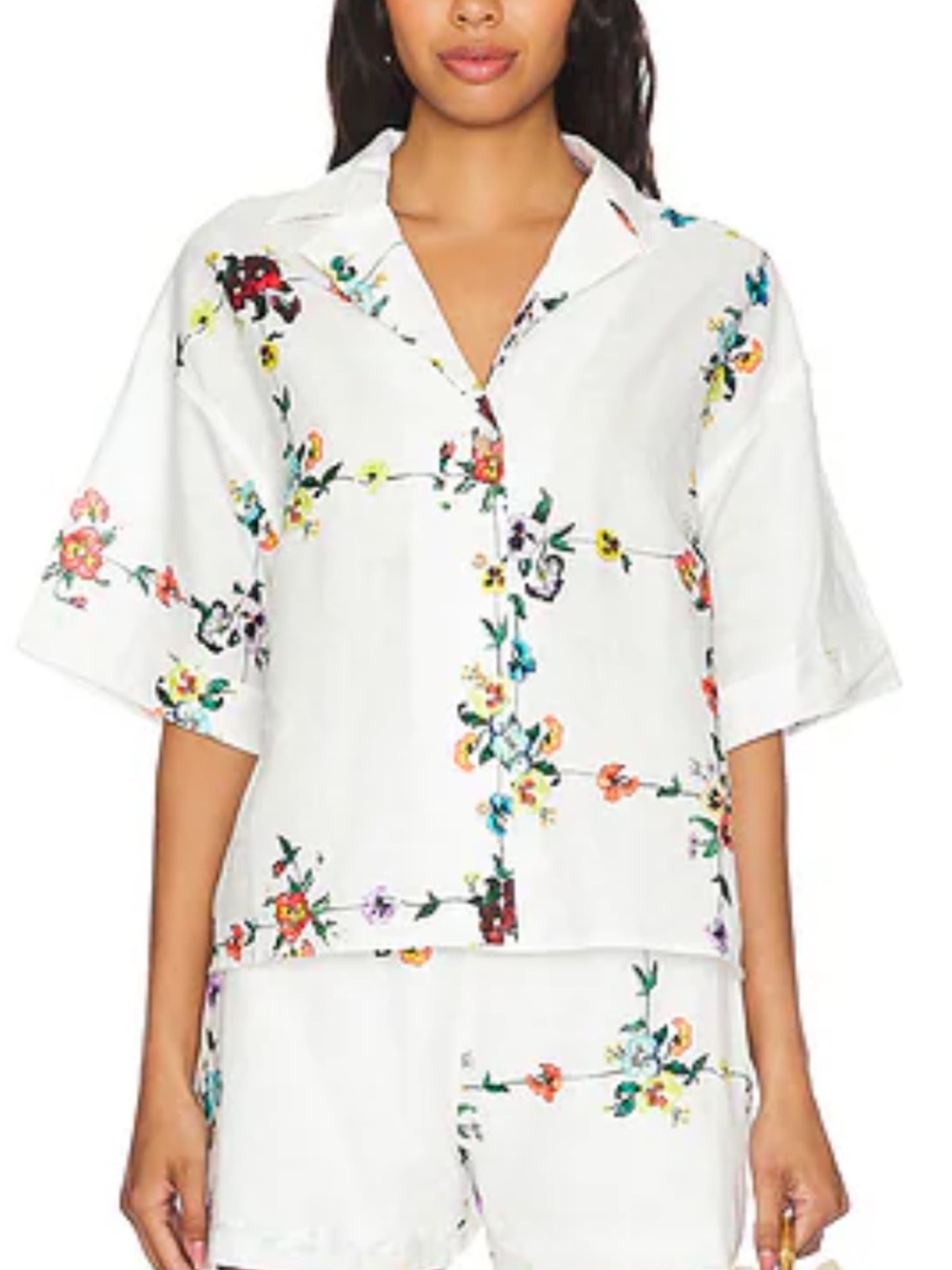 Sancia Santana Collared Linen Shirt Elisabet Floral Print White. Sz Small